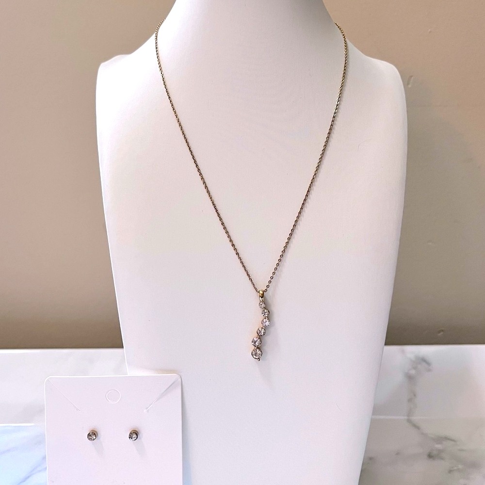 🆕 Journey Diamond & Gold Pendant & CZ Rhinestone Stud Earrings Jewelry Set